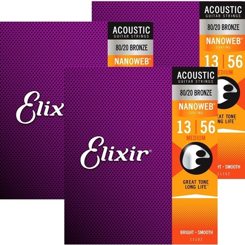 3 sets  Elixir Nanoweb 13 - 56  - 80/20 Bronze Acoustic Guitar Strings - 11102