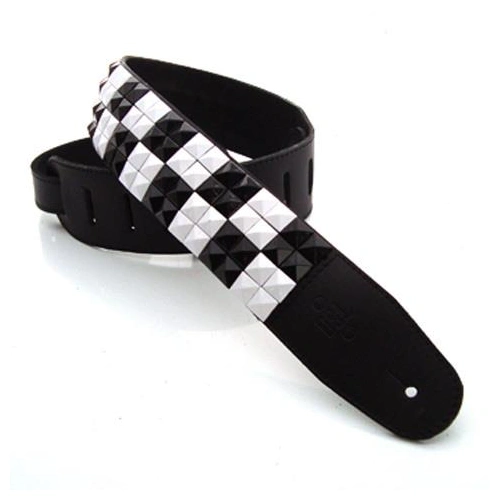 DSL Straps Metal Series Pyramid Metal Leather Guitar Strap 2.5in – Black & White Box