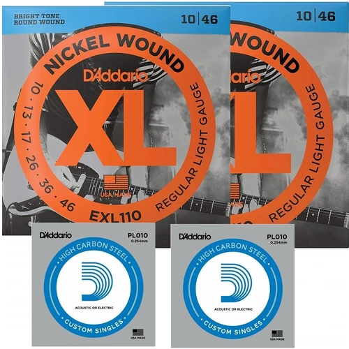 2 x D'Addario EXL110 Light Electric Guitar Strings 10 - 46 with 2 x E String - PL010