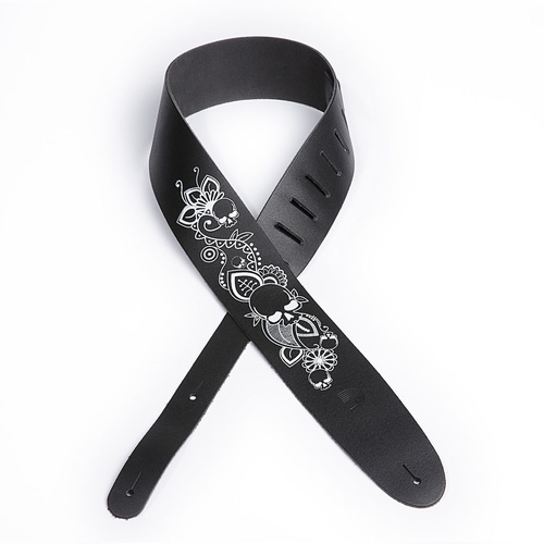 D'Addario Leather Guitar Strap, Screen Printed Skull & Flower