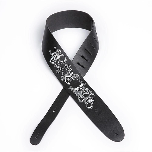 D'Addario Leather Guitar Strap, Screen Printed Skull & Flower