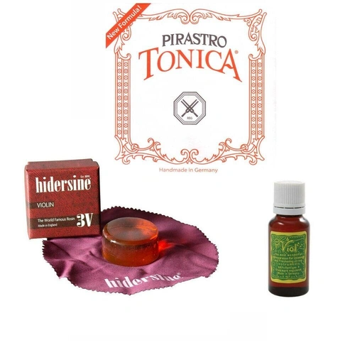 Violin 4/4 Care Pack - Pirastro Strings, Hidersine Rosin Viol Violin Polish