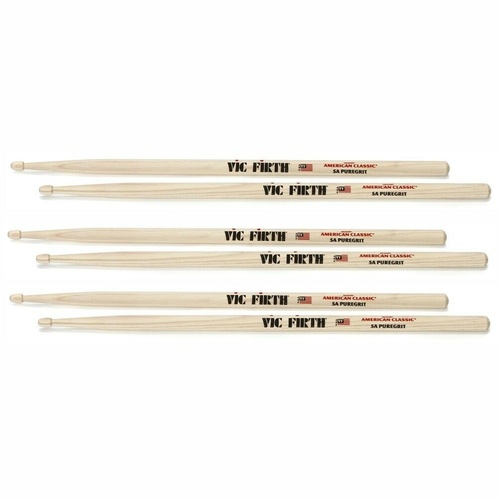 Vic Firth Classic American Hickory 5A - Pure Grit - wood tip 3 Pairs drumsticks