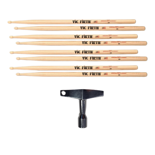 Vic Firth Classic Hickory 5A Wood Tip Drum Sticks x 4 Pairs c/w Free Drum Key