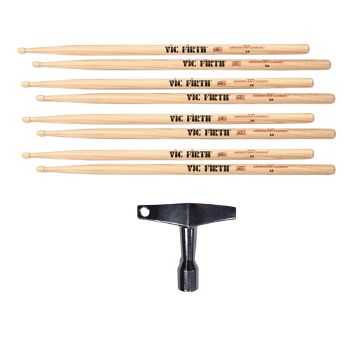 Vic Firth Classic Hickory 5A Wood Tip Drum Sticks x 4 Pairs c/w Free Drum Key