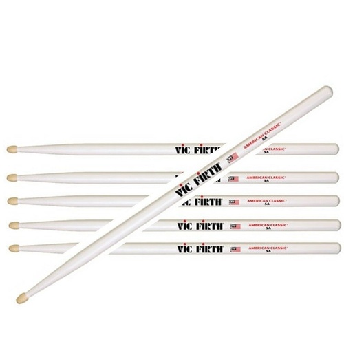 Vic Firth American Classic Drumsticks - 5A - Wood Tip - White Finish - 3 Pairs