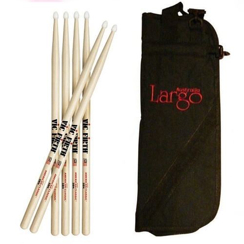 Vic Firth Hickory 5A Wood Tip Drum Sticks x 3 Pairs + Stick Bag