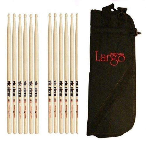 Vic Firth Hickory 5A Wood Tip Drum Sticks x 6 Pairs + Stick Bag