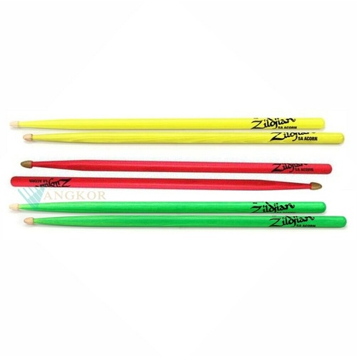 Zildjian 5A Acorn Neon Drumsticks - 3 Pairs - wood Tip Green Yellow and Pink