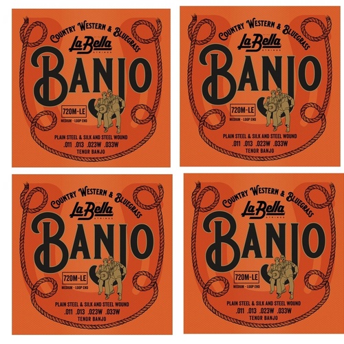 La Bella 720M Tenor Banjo Silk and Steel Medium Gauge Loop Ends - 4 Sets