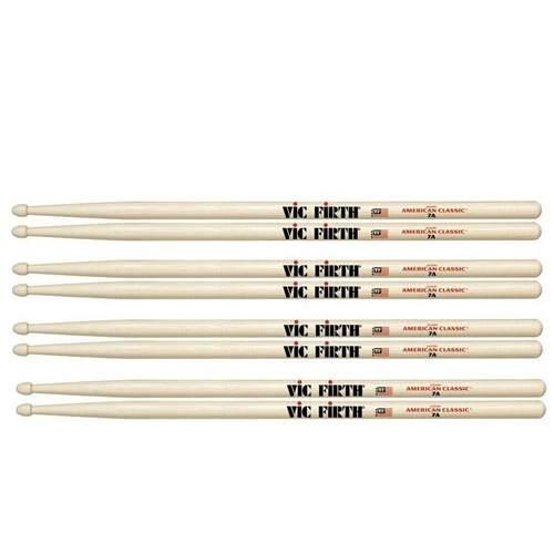 4 Pairs Vic Firth 7AW Classic Hickory Drumsticks 7A Wood Tip Drum Sticks 
