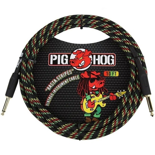 Pig Hog PCH10RA Vintage Series Instrument Cable 1/4" TS to Same,Rasta Stripes 