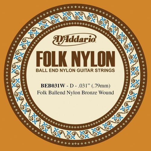 D'Addario BEB031W Folk Nylon Guitar Single String, Bronze Wound, Ball End.031 