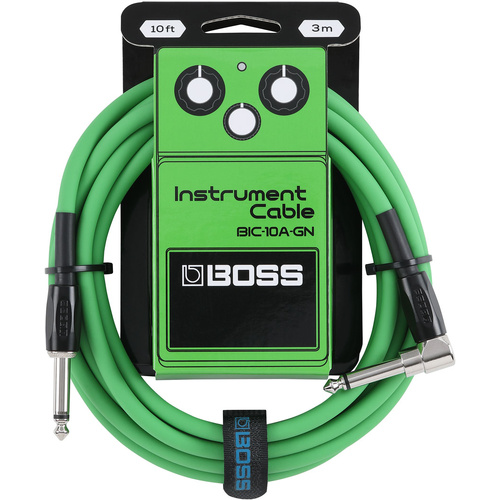 Boss BIC10A Right-Angle 1/4" to Straight 1/4" Instrument Cable - 10ft - Green