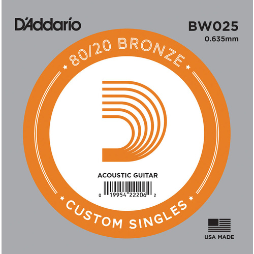 D'Addario 80/20 Bronze Wound Acoustic Guitar Single String, .025 
