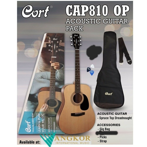 Cort CAP810 Acoustic Guitar open Pore Guitar Pack w/ Bag Picks Strap 