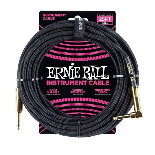 Ernie Ball 25' Straight / Angled   Braided Instrument Cable - Black / Gold  7.5m