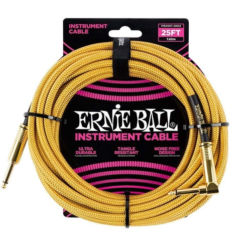 Ernie Ball 25' Straight / Angled  Braided Instrument Cable Gold / Gold