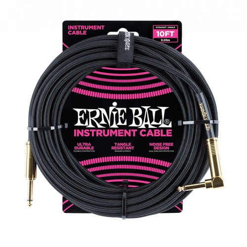 Ernie Ball Straight / Right Angle Instrument Cable - 10 foot Black Gold Tip