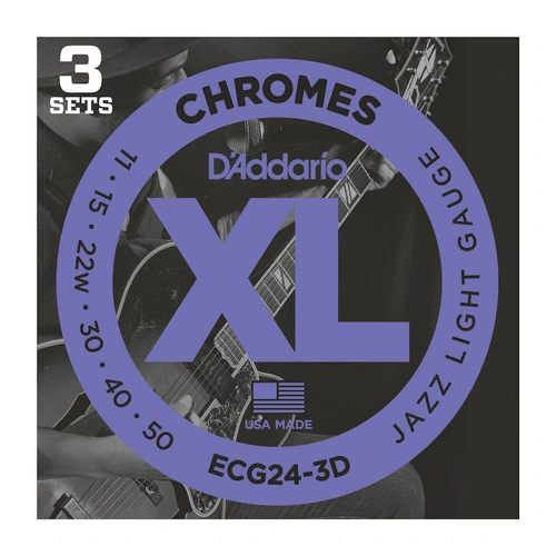 D'Addario ECG24-3D Chromes Flat Wound Electric Guitar Strings, Jazz Light, 11-50, 3 Sets