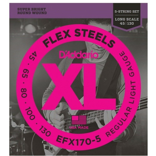 D'Addario EFX170-5 5-String FlexSteels Bass Guitar Strings Light, 45-130, Long 