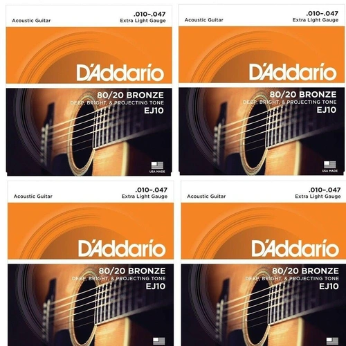 4 sets D'Addario EJ10 80/20 Bronze Extra Light Gauge Acoustic Guitar Strings