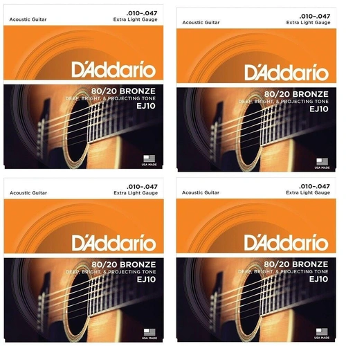 4 Pack D'Addario EJ10 80/20 Bronze Extra Light Acoustic Guitar Strings