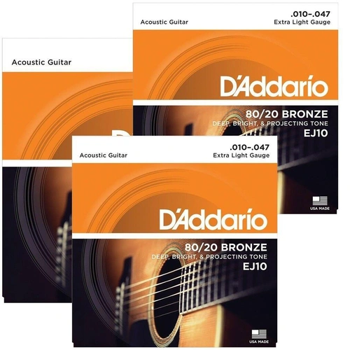 D'Addario EJ10 80/20 Bronze Extra Light Acoustic Guitar Strings 3 Pack