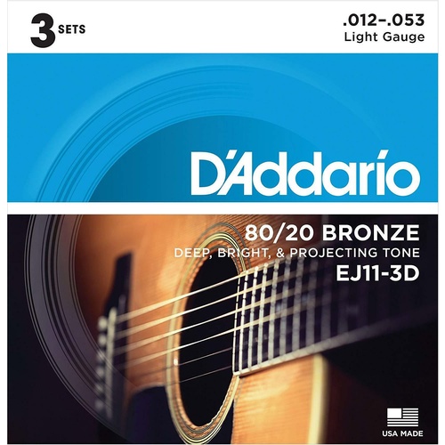 D'Addario EJ11 3 Sets  80/20 Bronze Light Acoustic Guitar Strings EJ11-3D 