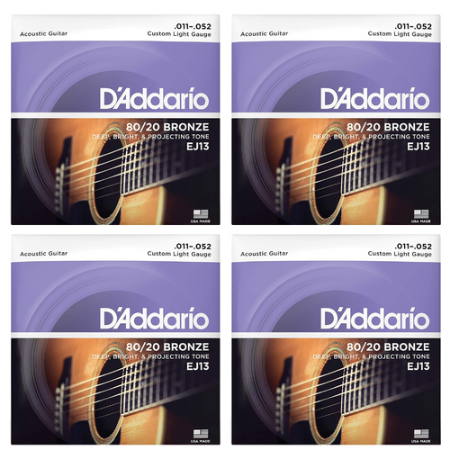 D'Addario EJ13 80/20 Bronze Custom Light  Acoustic Guitar Strings 4 Sets