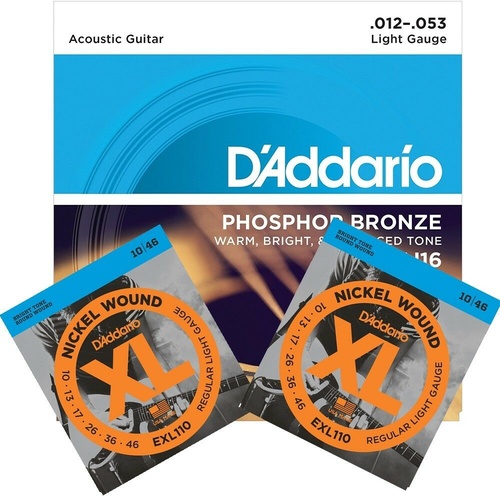 D'Addario EXL110 x 2 electric strings 1 x EJ16 Acoustic Guitar Strings