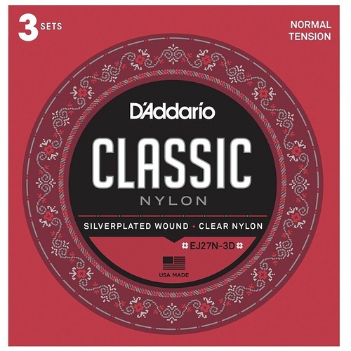 3 sets D'Addario EJ27N  Nylon Classical Guitar Strings, Normal Tension EJ27N-3D