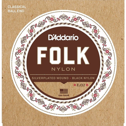 D'Addario EJ32 Folk Nylon Silver/Ball End Black Treble Guitar Strings 
