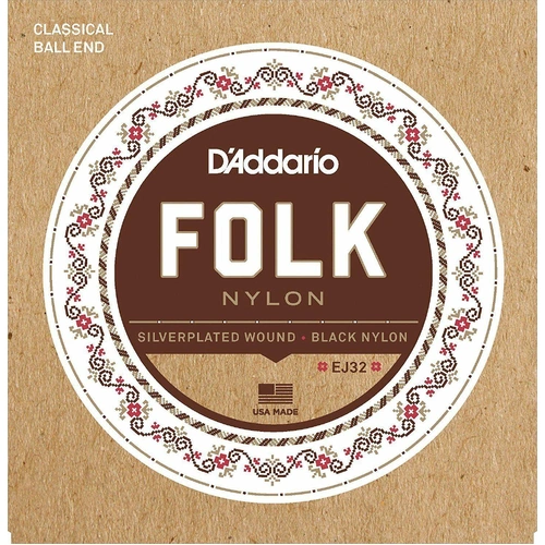 D'Addario EJ32 Folk Nylon Silver/Ball End Black Treble Guitar Strings 
