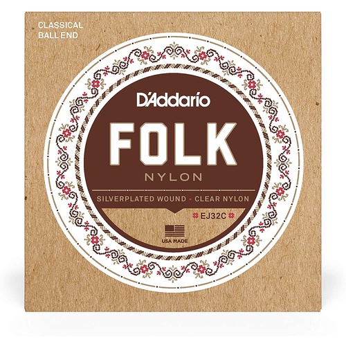 D'Addario EJ32C Folk Nylon Guitar Strings Ball End Silver Wound/Clear Nylon Treb