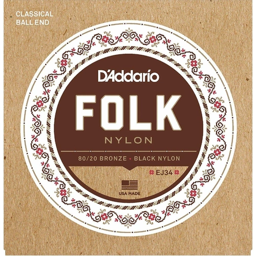 D'Addario EJ34 Folk Nylon Guitar Strings, Ball End, 80/20 Bronze Black Nylons