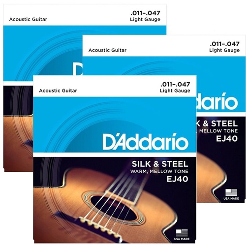 3 sets D'Addario EJ40 Silk and Steel Folk Acoustic Guitar Strings - .011-.047 