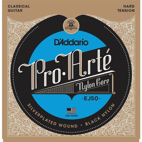 D'Addario EJ50 Pro-Arte Black Nylon Classical Guitar Strings, Hard Tension 