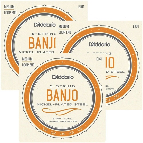 3 sets D'Addario EJ61 Nickel 5-String Banjo Strings, Medium, 10 - 23
