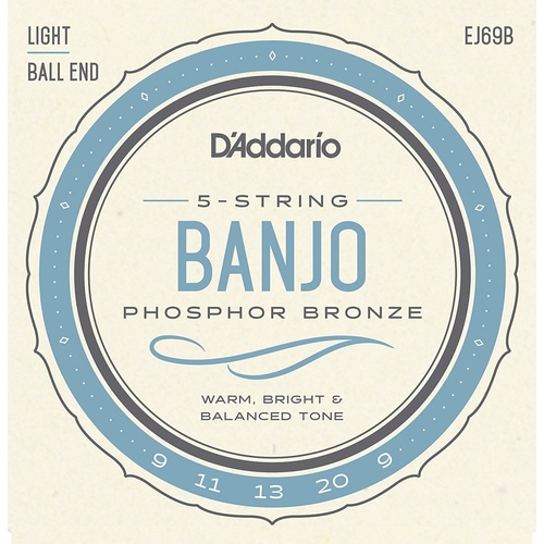 D'Addario EJ69B Phosphor Bronze 5-String Ball-End Banjo Strings, Light, 9-20