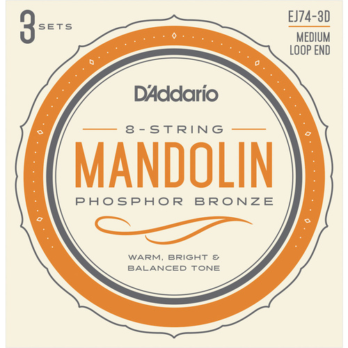 D'Addario EJ74-3D Mandolin Strings, Phosphor Bronze, Medium, 11-40, 3 Sets