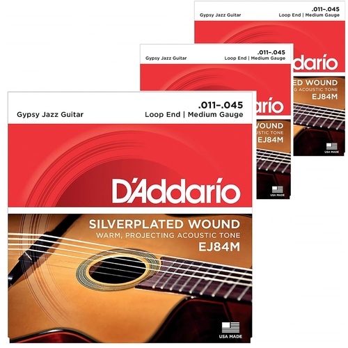  3 Sets  D'Addario EJ84M Gypsy Jazz Silver Wound Loop End Medium Guitar Strings