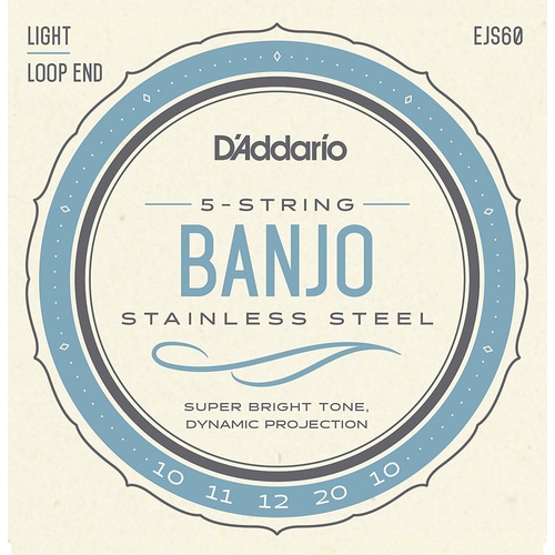 D'Addario EJS60 Stainless Steel 5-String Banjo Strings, Light, 9 - 20