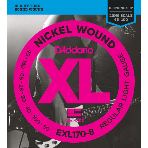 D'Addario 8-String Nickel Wound Bass Guitar Strings 32-130, Long Scale