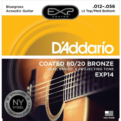 D'Addario EXP14  80/20 Bronze Acoustic Guitar Strings, Coated Bluegrass 12 - 56