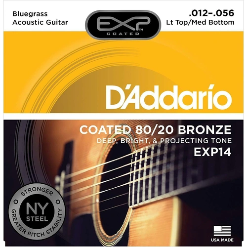 D'Addario EXP14  80/20 Bronze Acoustic Guitar Strings, Coated Bluegrass 12 - 56