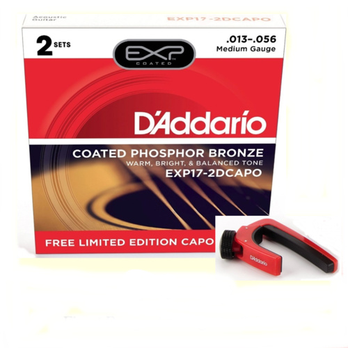 D'Addario EXP17 2 Pack Coated Guitar Strings + Red NS Capo Lite, Medium, 13-56 