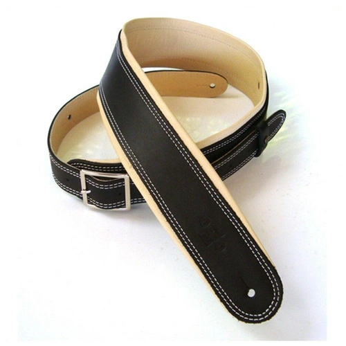 DSL Premium Garment Leather Guitar Strap 2.5" Rolled Edge Buckle Black/Beige