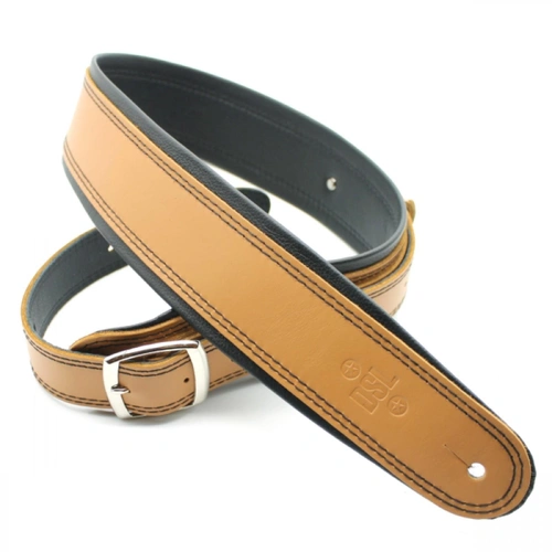 DSL Premium Leather Guitar Strap 2.5" Rolled Edge Buckle Tan / Black