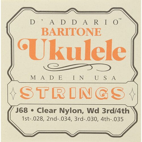 D'Addario J68 Ukulele Strings set Baritone  Clear Nylon Wd 3rd/4th